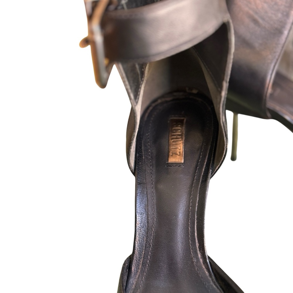 Schutz Black Leather Pointed Toe Stilettos Ankle Strap Zip Heels Size 9B / EU 40 - Picture 9 of 12